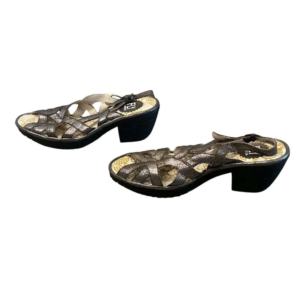 Fly London Womens Leather Sandals 39 8 8.5 Pewter Weza Slingback Wedge Grunge